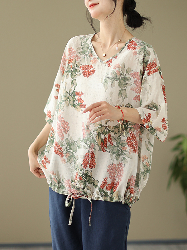 Short Linen Drawstring - Camiseta de Verano Holgada de Algodón